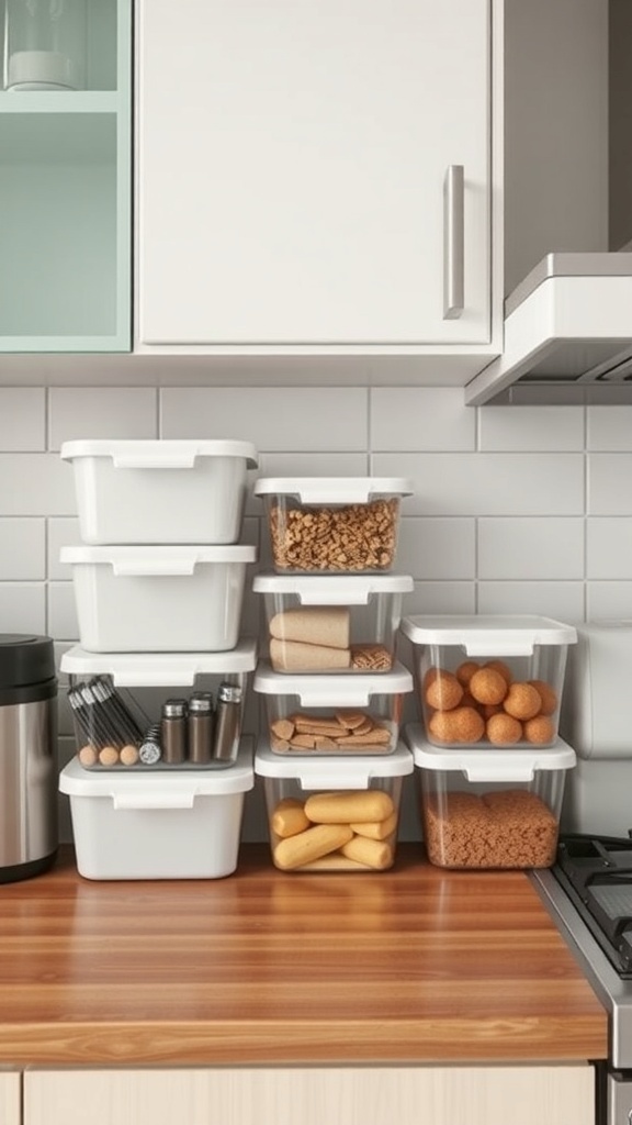 A neatly organized kitchen countertop with stackable storage containers holding various food items.