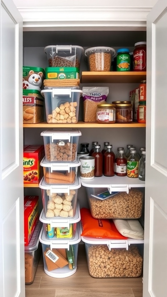 A well-organized small pantry with stackable storage containers.