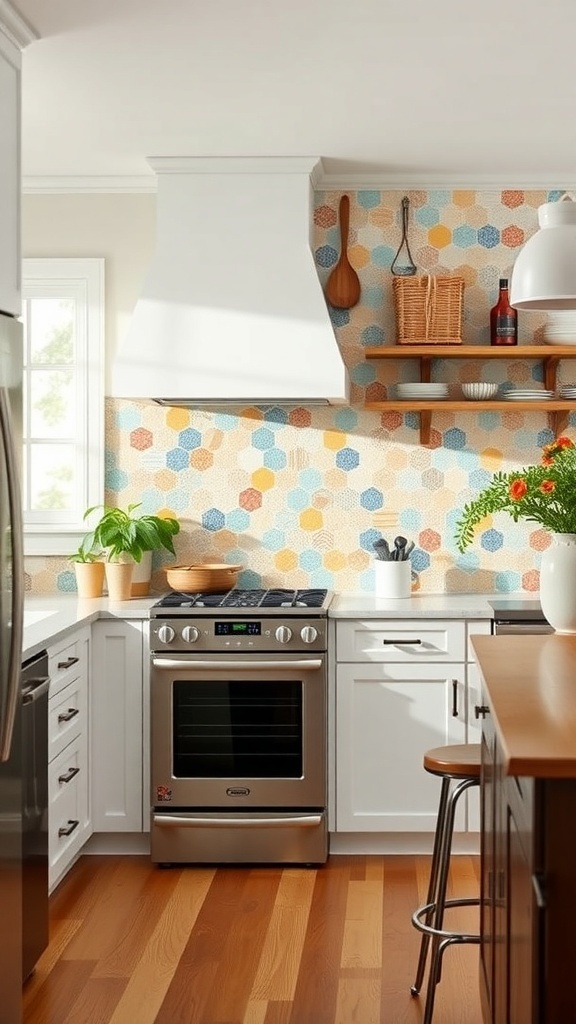 A modern farmhouse kitchen featuring a colorful hexagonal tile backsplash, stainless steel appliances, and wooden accents.