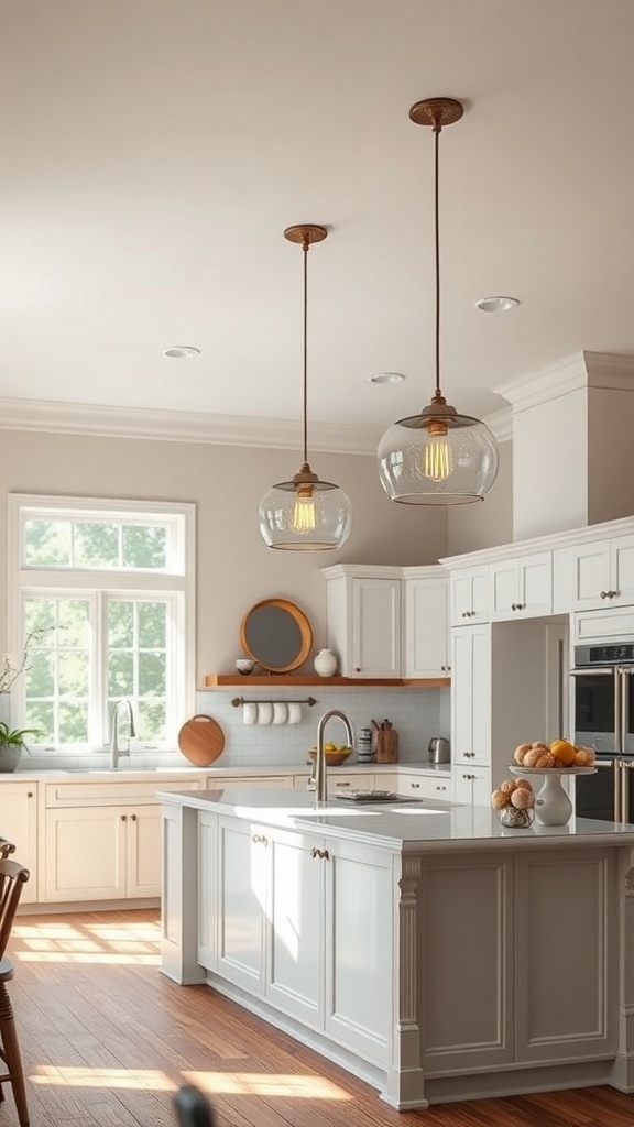 Contemporary farmhouse kitchen with stylish glass pendant light fixtures.