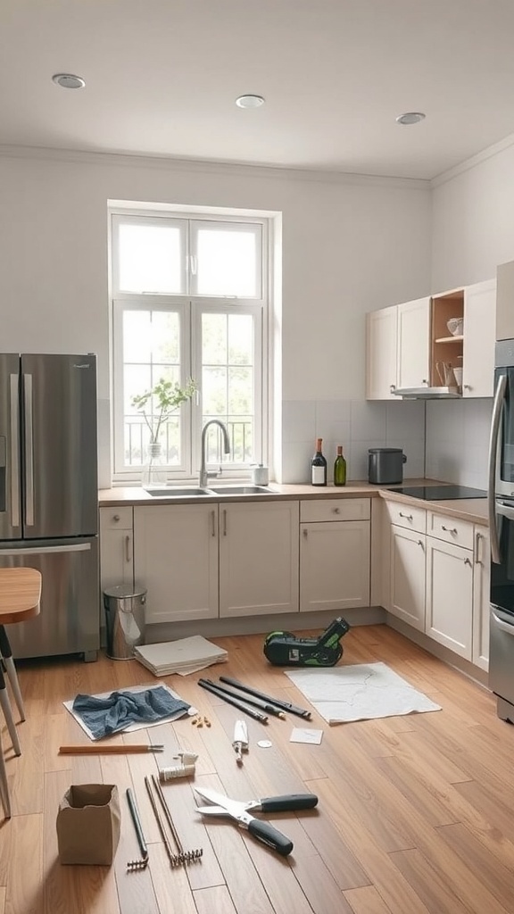 A kitchen in the process of installation, with tools and materials scattered on the floor.