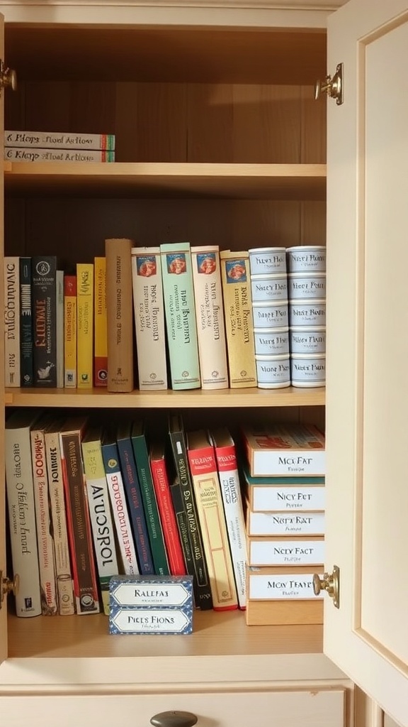 A neatly organized kitchen cabinet filled with various cookbooks and recipe boxes.