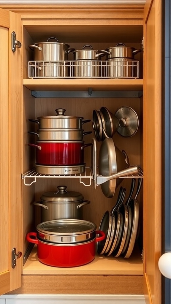 Organized kitchen cupboard with pots and pans neatly stored.