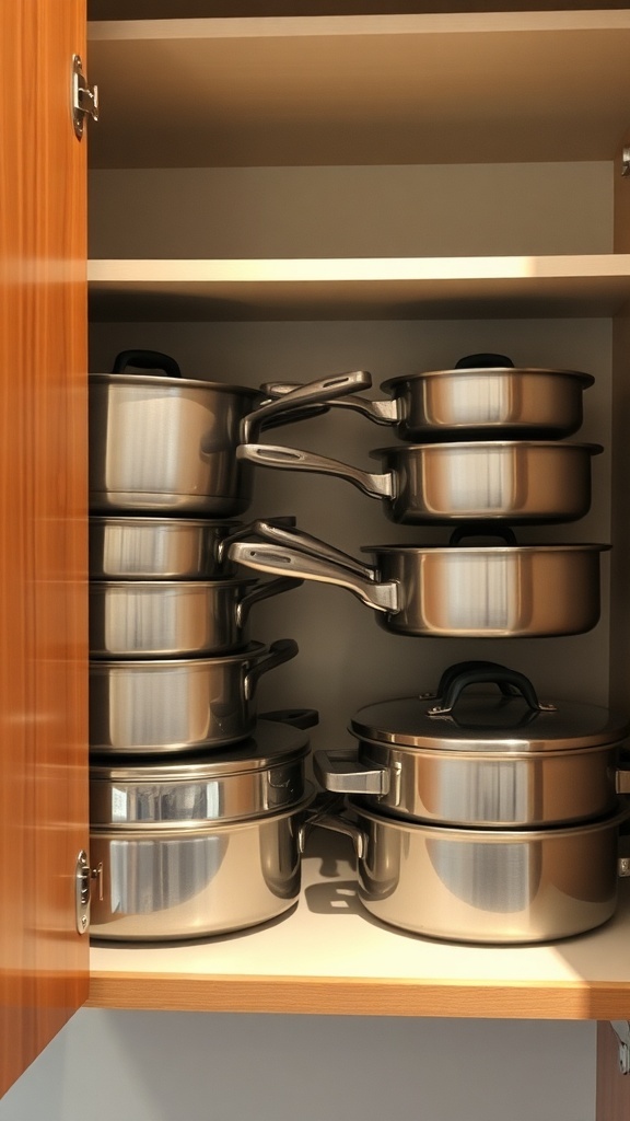 A neatly organized kitchen cabinet with stacked pots and pans.