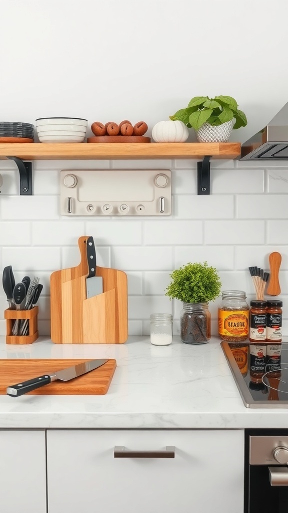 A well-organized kitchen countertop with utensils, spices, and plants.