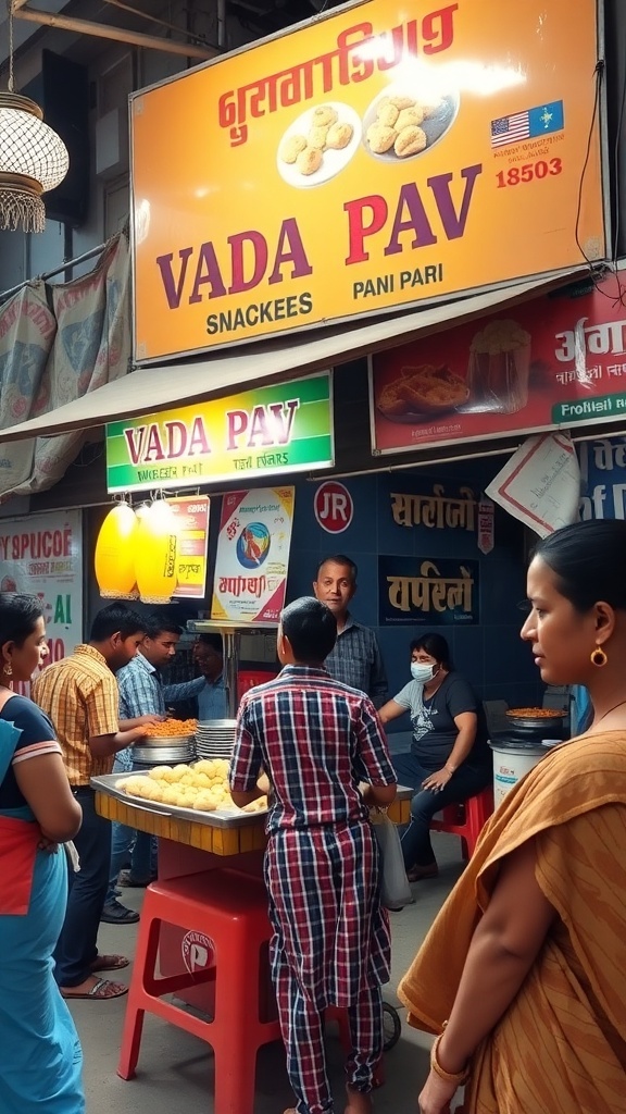 A busy street food stall serving vada pav and snacks in South India.