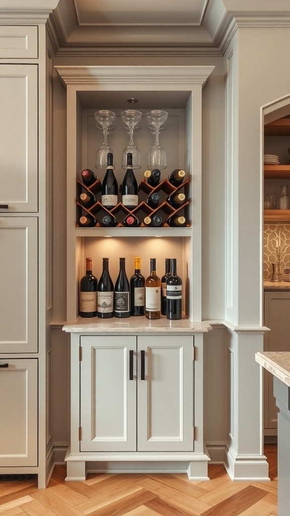 Stylish corner cabinet featuring a built-in wine rack with bottles and glasses