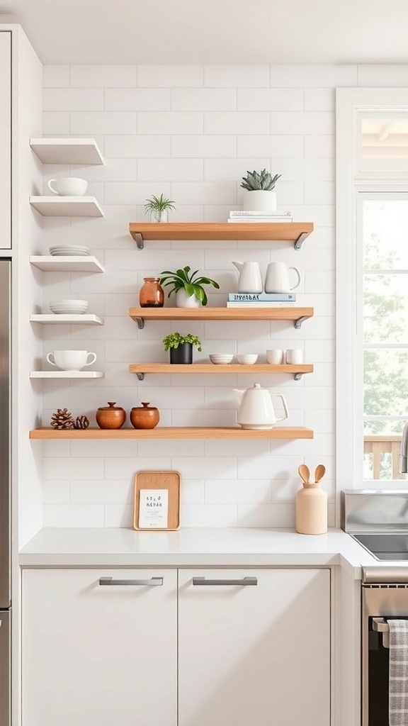 Stylish corner shelves in a kitchen with plants and dishes.