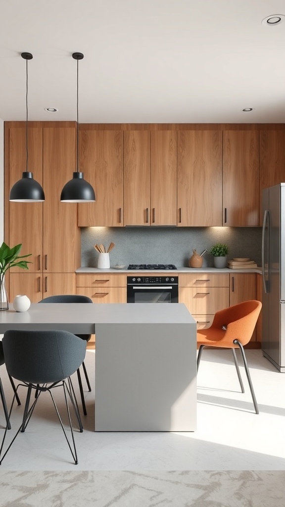 Stylish modular kitchen with a dining area featuring a sleek table and colorful chairs.