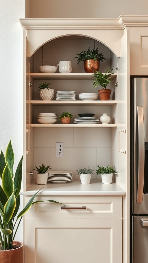A stylish open shelving unit in a kitchen featuring plates and potted plants.