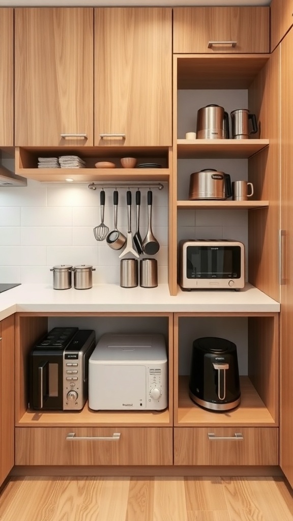 Organized kitchen with small appliances on shelves and in cabinets.