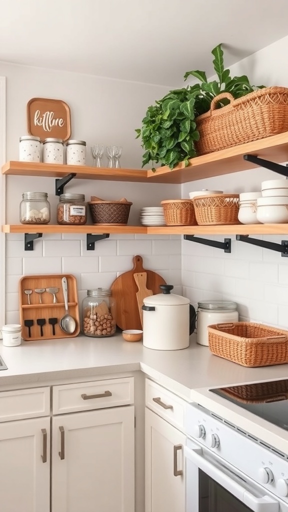 A small kitchen with open shelves displaying jars, baskets, and a plant.