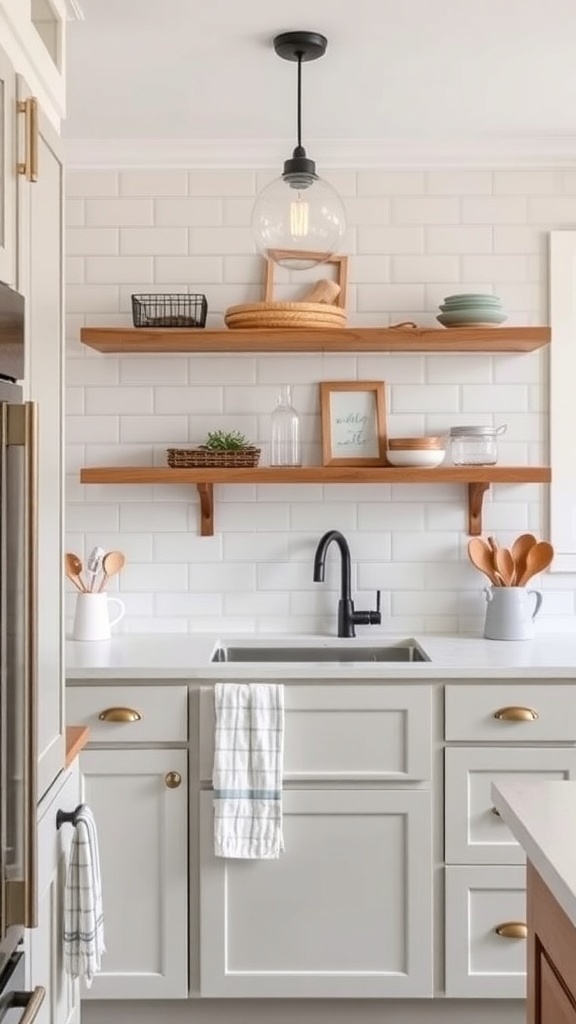 Contemporary farmhouse kitchen featuring a subway tile backsplash, wooden shelves, and modern fixtures.