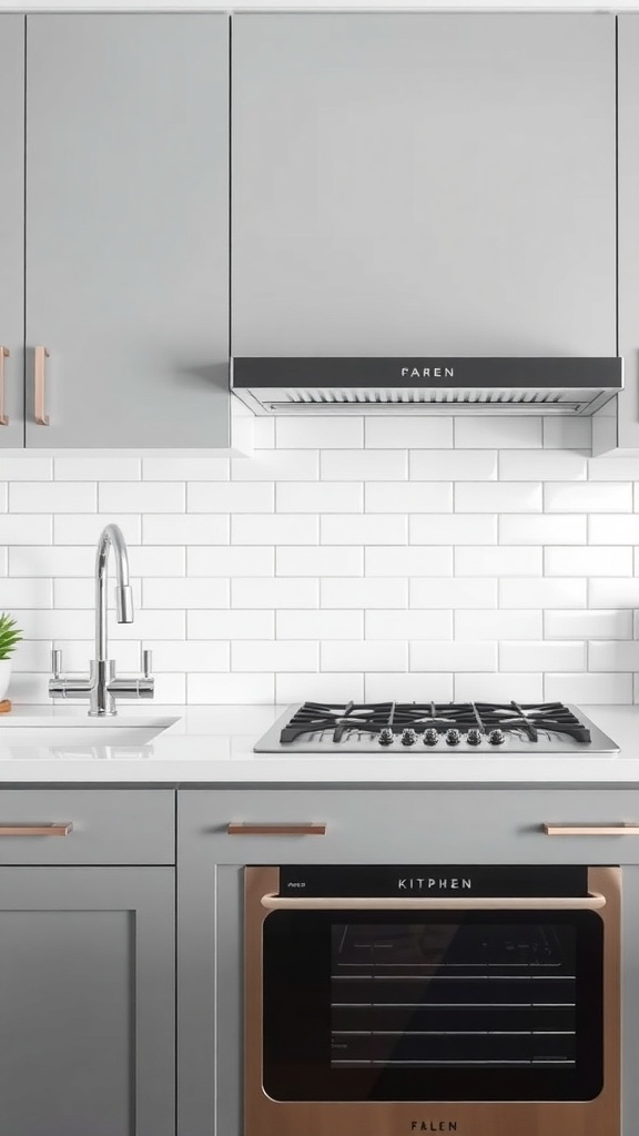 A modern kitchen featuring a subway tile backsplash with gray cabinets and stainless steel appliances.