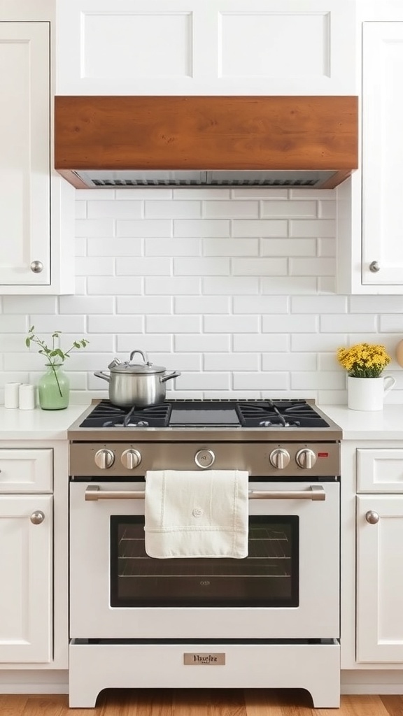 White farmhouse kitchen with a subway tile backsplash behind the stove.