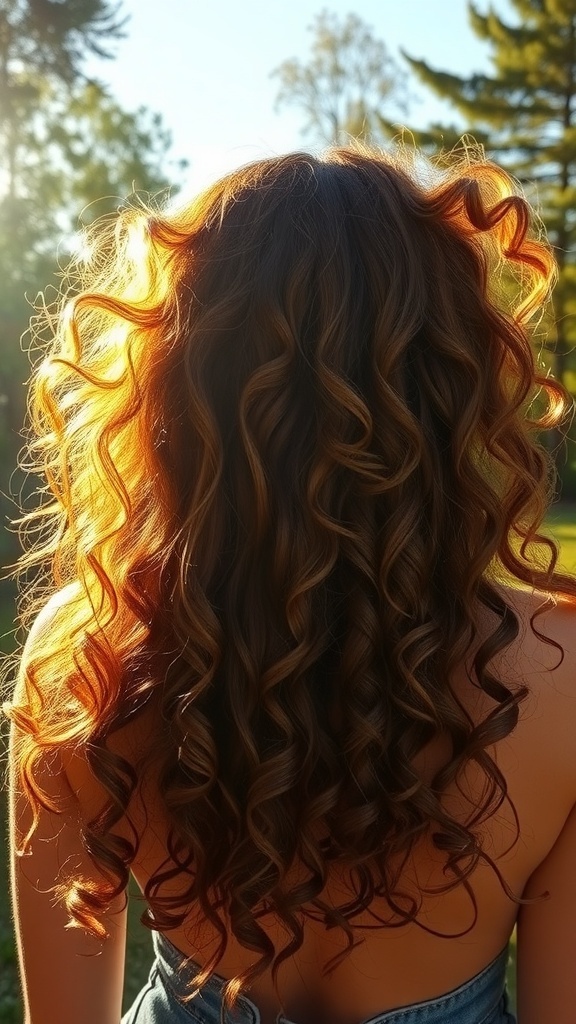 Back view of a person with curly hair illuminated by sunlight