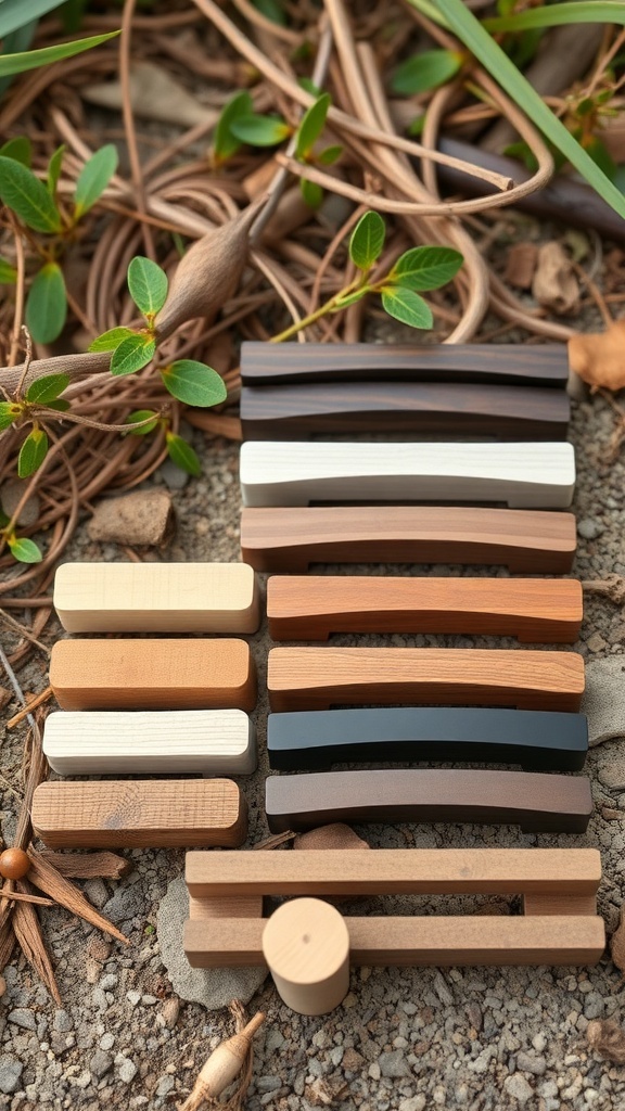 Various eco-friendly drawer pulls made from wood and recycled materials.