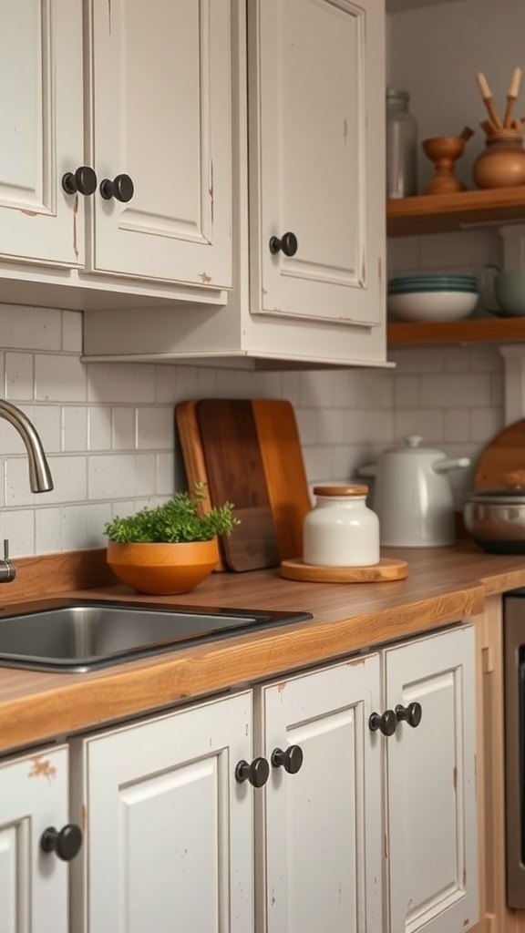 A kitchen with white cabinets and wooden countertops, featuring black handles and a small plant.