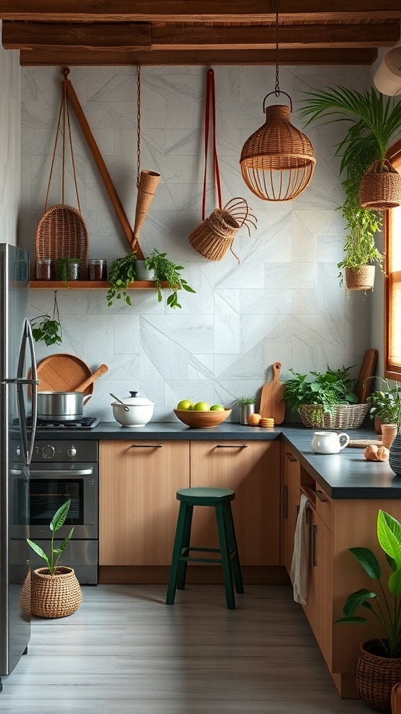 A cozy Indian kitchen featuring wooden cabinets, hanging plants, and natural decor elements.