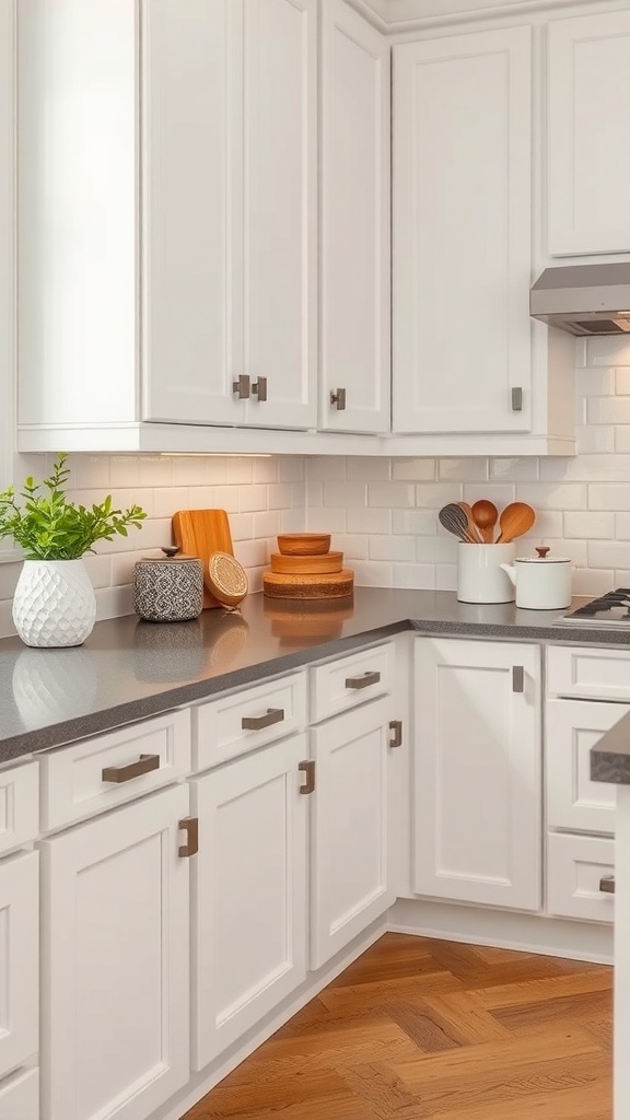 A modern kitchen with white cabinets and sustainable hardware options.
