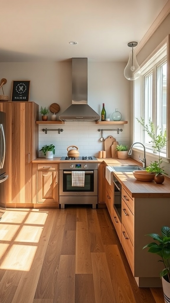 A modern farmhouse kitchen featuring wooden cabinets, energy-efficient appliances, and natural light.