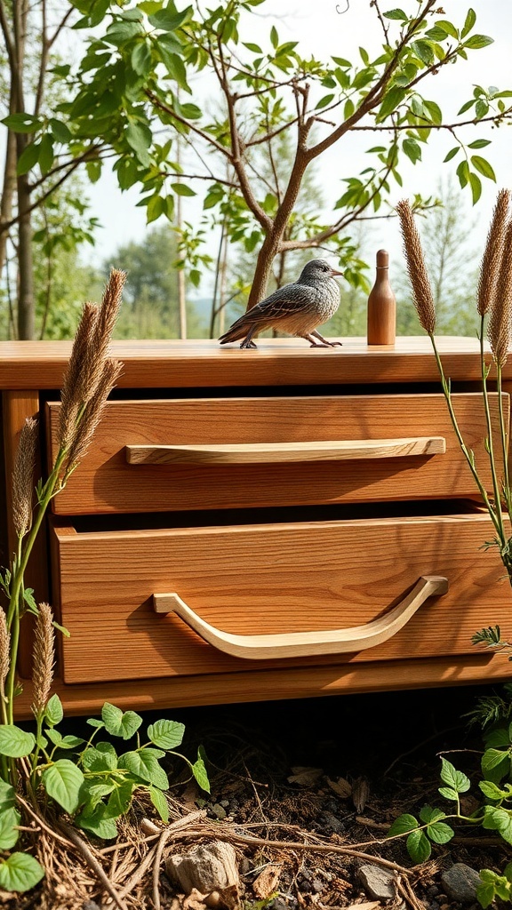 A wooden drawer with natural pulls surrounded by greenery.