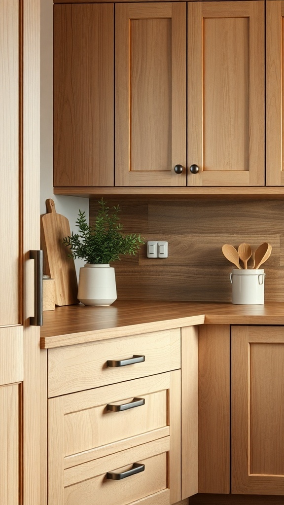 Eco-friendly kitchen cupboard handles made of bamboo and recycled metals.