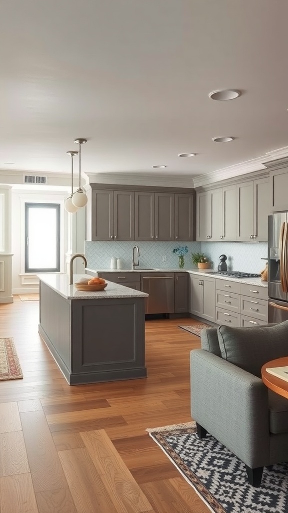 A modern kitchen featuring taupe cabinets and an open concept design.