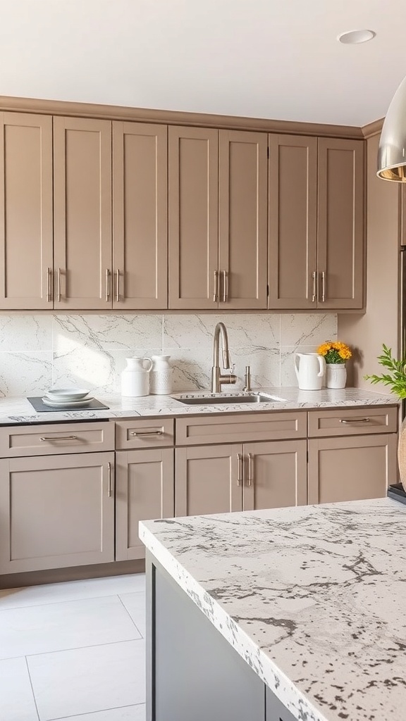 A kitchen featuring taupe cabinets and a stylish countertop.