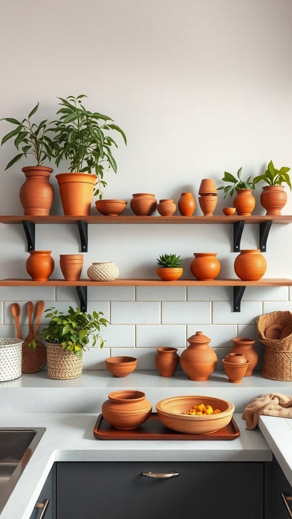 A collection of terracotta pots on wooden shelves in a kitchen interior.