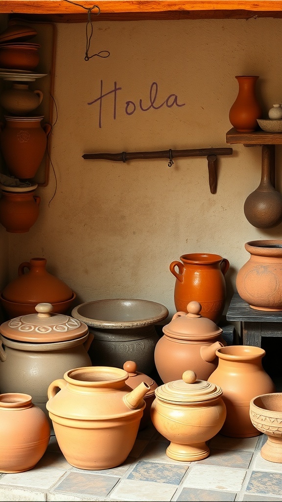 A collection of terracotta pots and earthenware displayed in a traditional kitchen setting.
