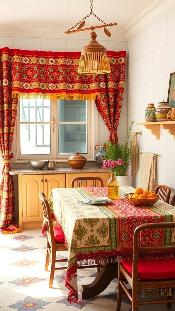 A vibrant Indian kitchen with colorful textiles, including curtains and a tablecloth.