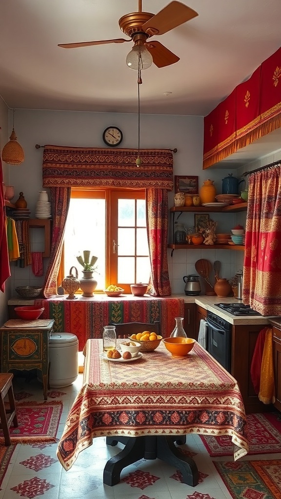 A warm and inviting Indian kitchen with colorful textiles and fabrics.