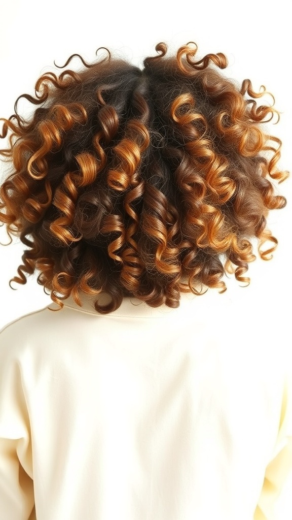 A close-up view of a head of textured curls with dark and light tones.