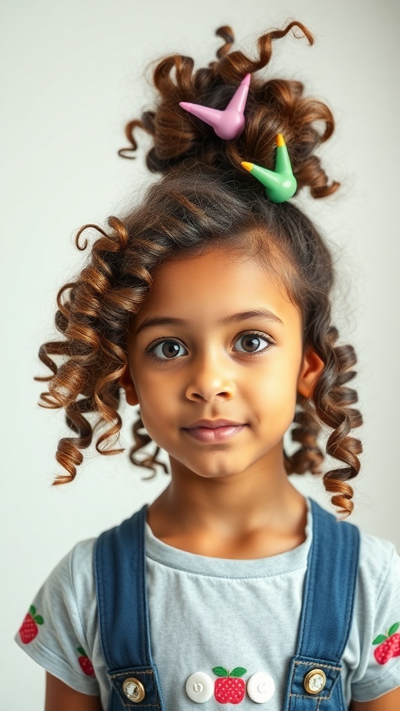 A young girl with curly hair styled with colorful hair accessories.