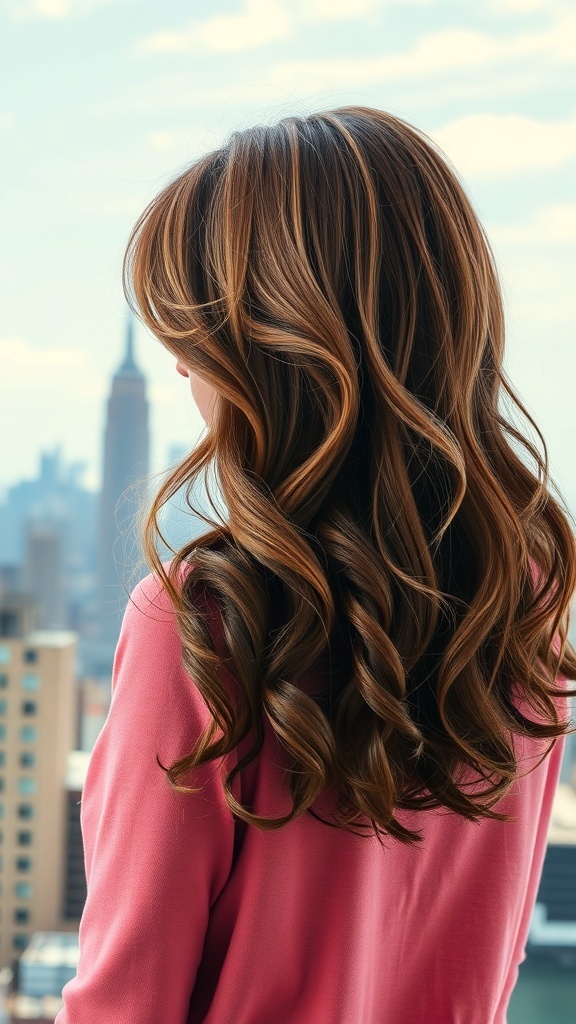 A woman with a textured curly lob hairstyle, showcasing soft, bouncy curls and a stylish look.