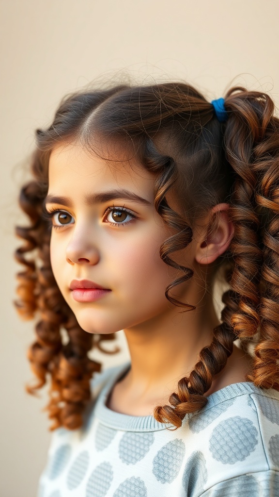 A young girl with curly pigtails, showcasing a fun hairstyle.