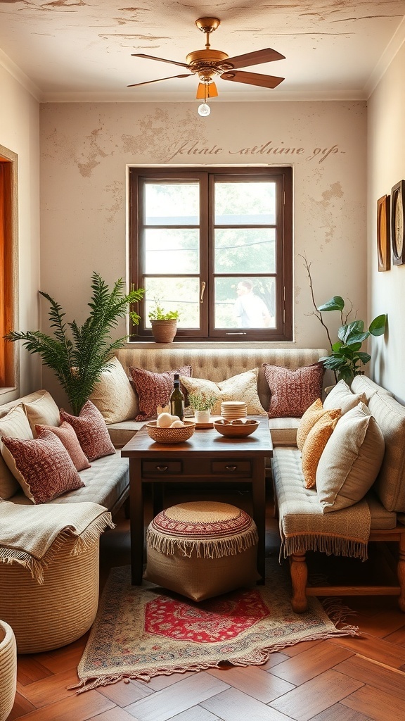 Cozy seating area with textured fabrics and cushions in an Indian kitchen.