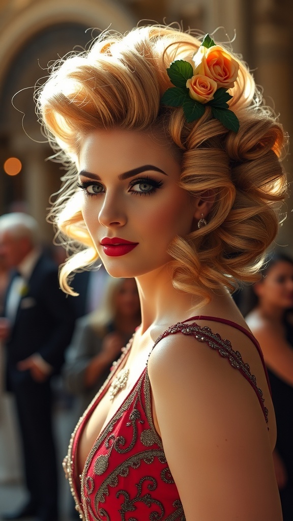 A woman with a glamorous 70s bouffant hairstyle, featuring soft curls and decorative flowers.
