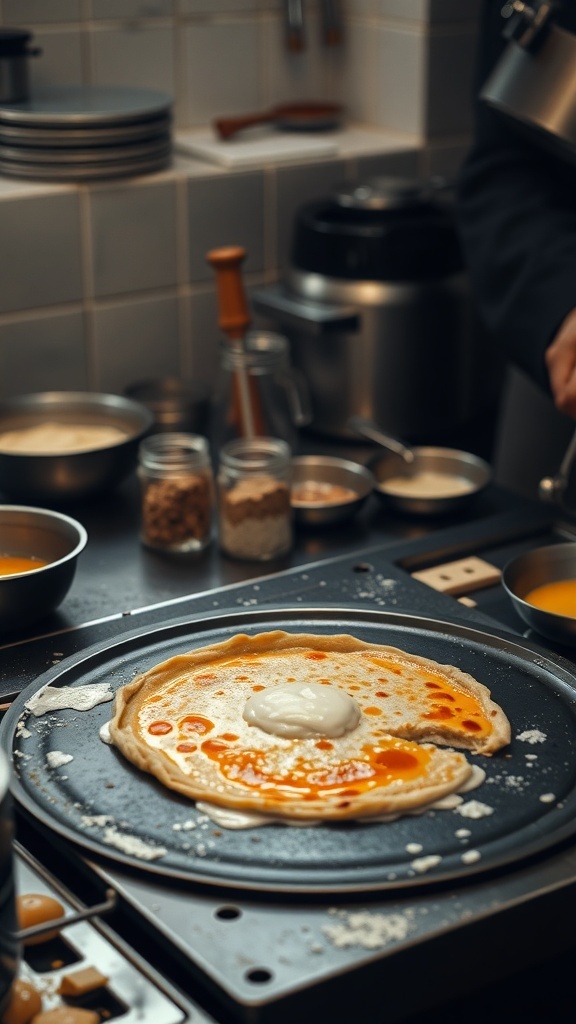 A dosa being cooked on a griddle with ingredients around it.