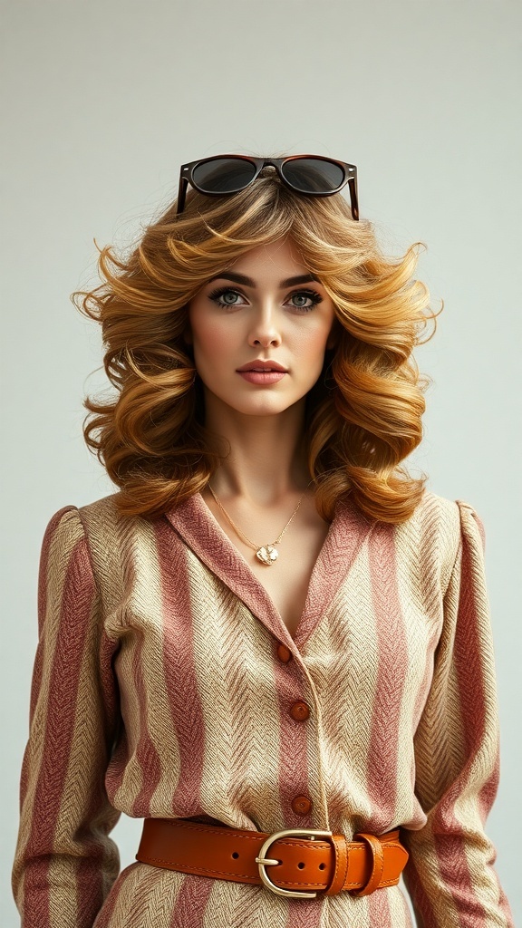 A model with voluminous curly hair styled in the classic Farrah Fawcett look, wearing a striped outfit and sunglasses.