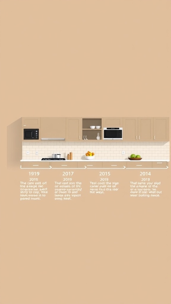 A timeline showcasing the evolution of taupe in kitchen design from 1919 to 2019.