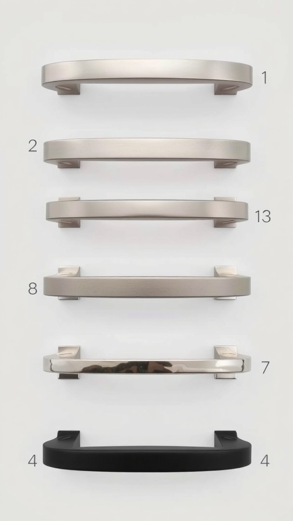 Various kitchen cabinet handles and pulls in different finishes.