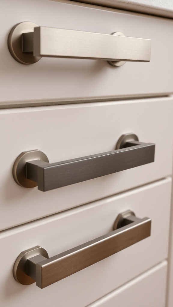 Close-up of kitchen drawer pulls with different finishes.