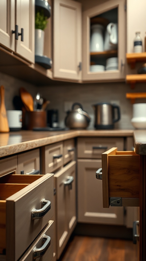 A close-up view of kitchen drawer handles with open drawers in a modern kitchen.