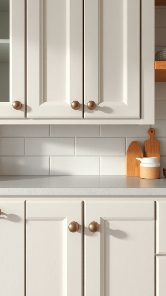 A close-up view of kitchen cupboard handles on light-colored cabinets.