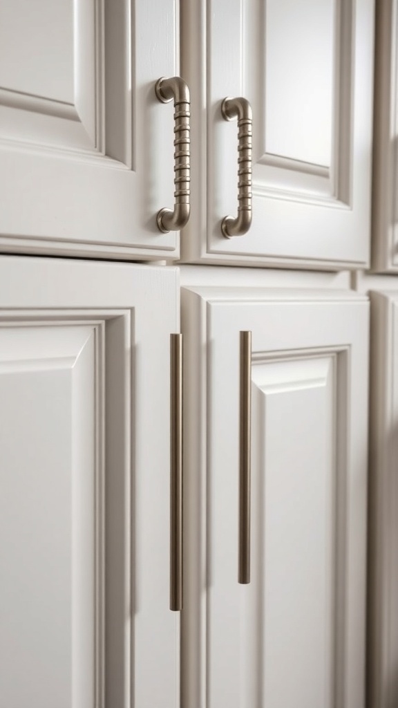 Close-up of kitchen cabinet handles and knobs.