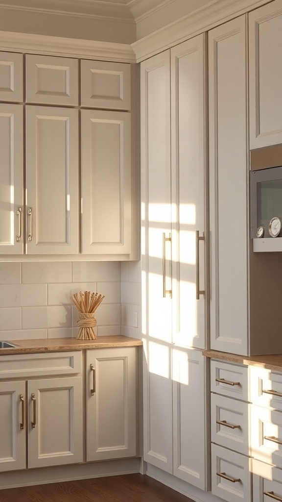 A kitchen with white cabinets and gold hardware, illuminated by natural light.