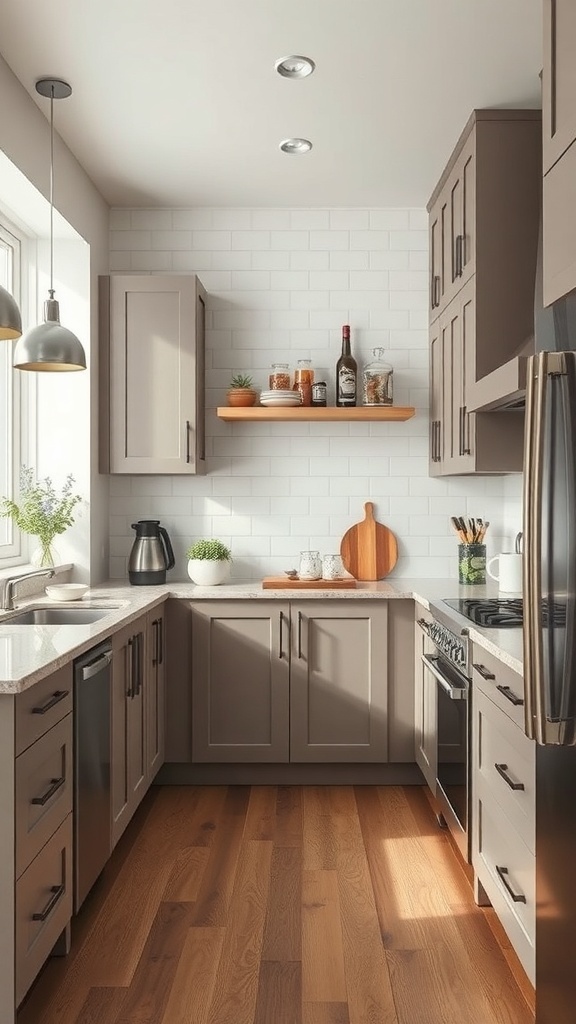 A modern kitchen featuring taupe cabinets and wooden flooring.