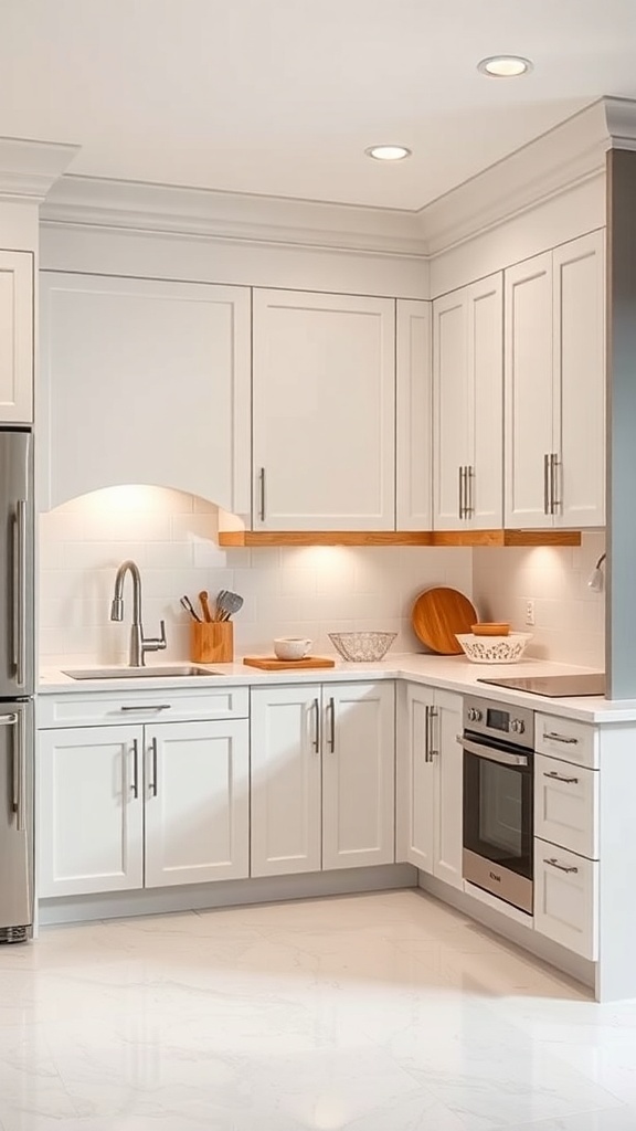 A modern kitchen featuring upper corner cabinets with a clean design.